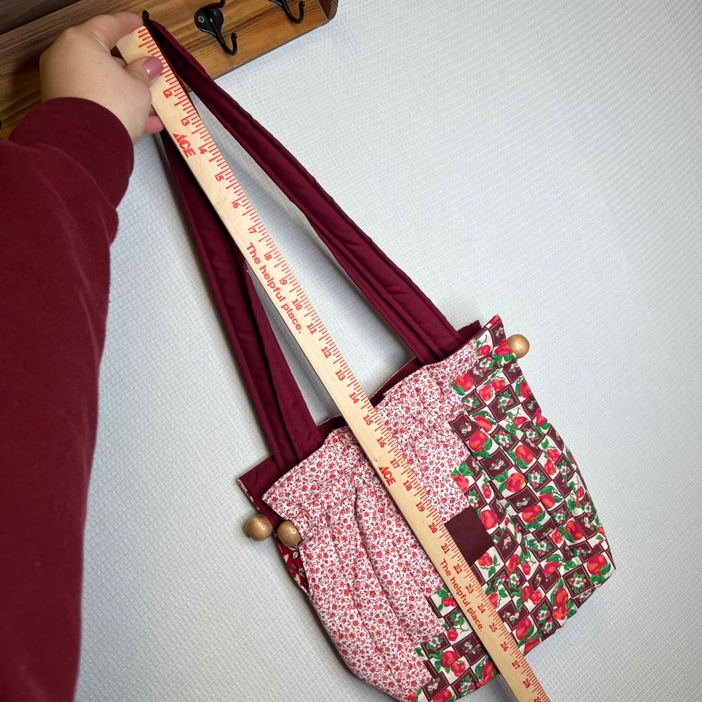 Handmade Quilted Patchwork Tote Bag Burgundy Floral Fruit Log Cabin Wood Beads - Picture 6 of 7
